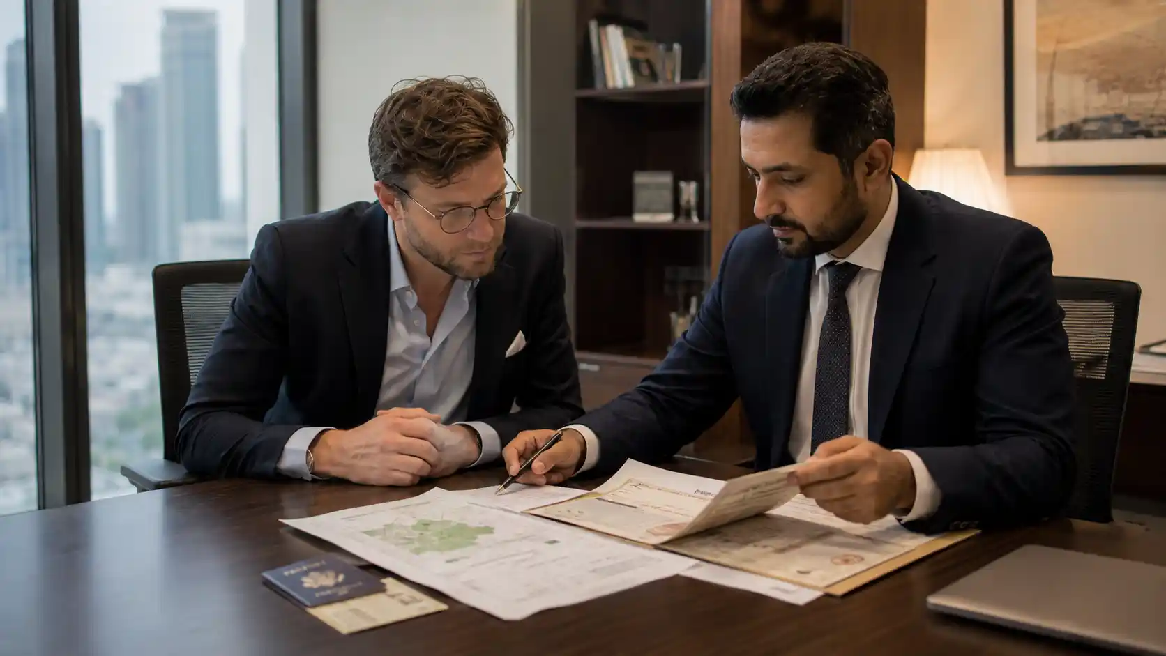 Realistic photography of an international investor reviewing Pakistani property documents at a desk with a lawyer, passport and title deed on the table, professional office, natural light, 16:9 aspect ratio, no text, no logos, no watermark