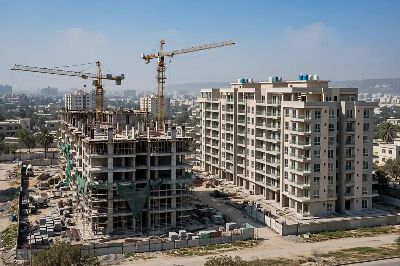 Apartment complex under construction in Pakistan, daytime