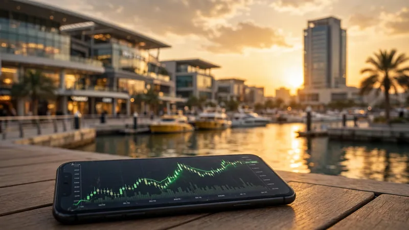 Karachi waterfront mall and office tower with smartphone trading app