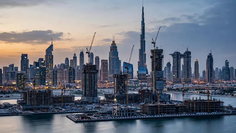 Dubai skyline at dusk with cranes
