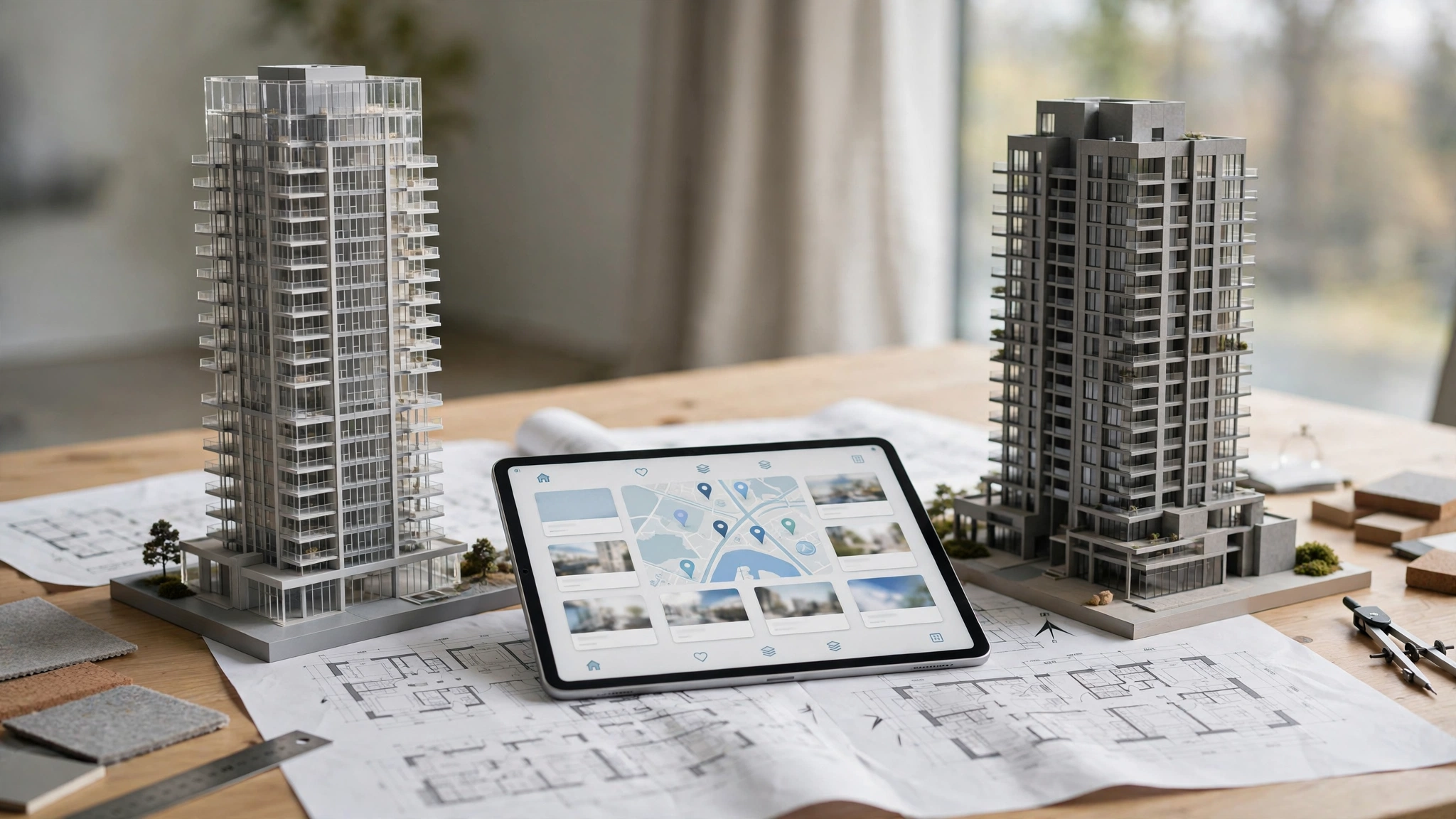 Two architectural scale models of real estate development projects beside a digital tablet
