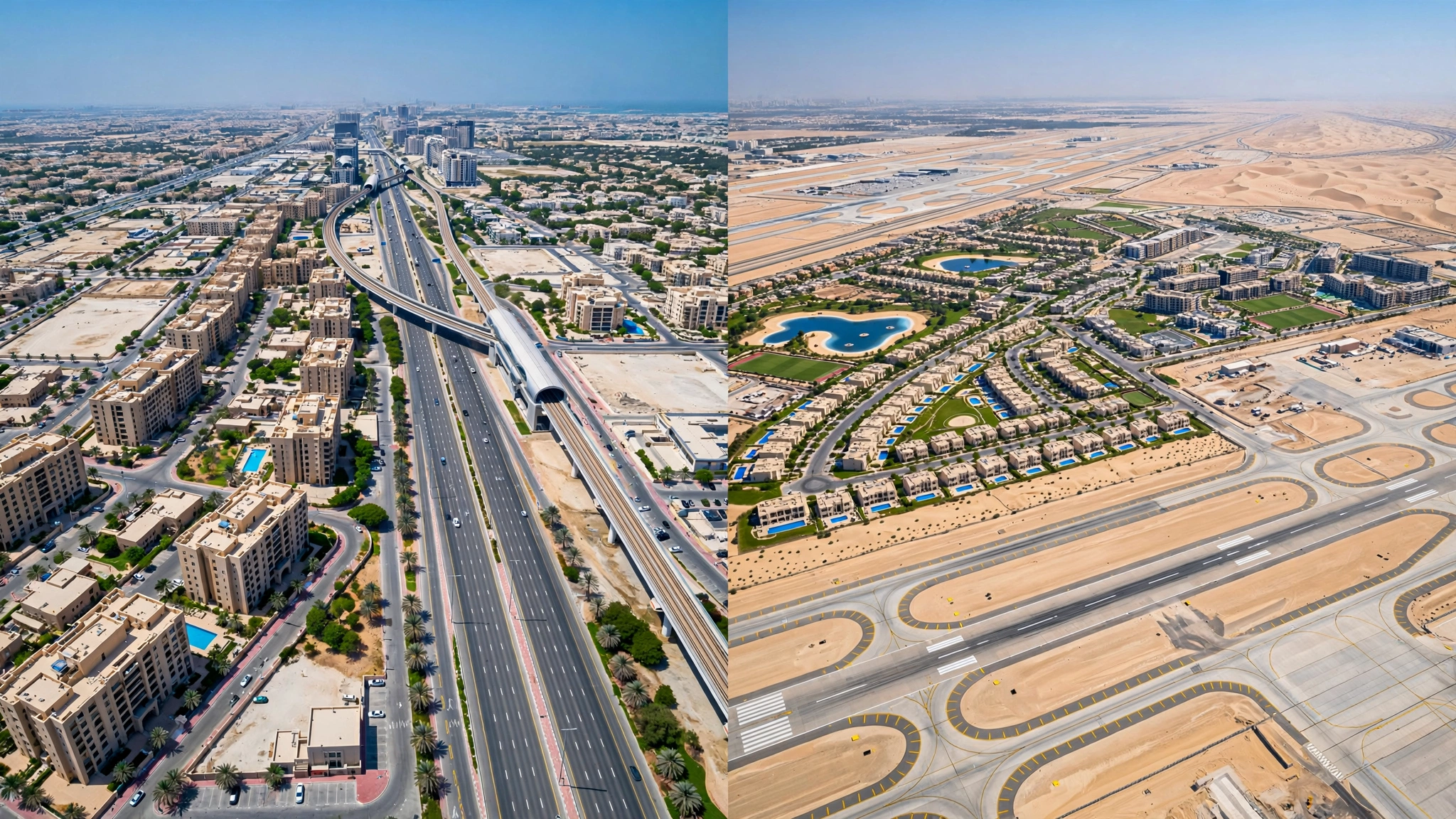 Split aerial view comparing Sheikh Zayed Road corridor and airport side of Dubai South
